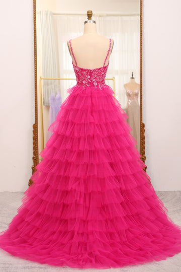 Hot Pink Tiered Beading Princess Prom Dress with Slit